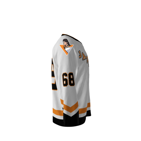 Left view of a custom dye sublimated Jagr Bombs hockey jersey