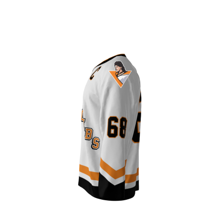 Right view of a custom dye sublimated Jagr Bombs hockey jersey