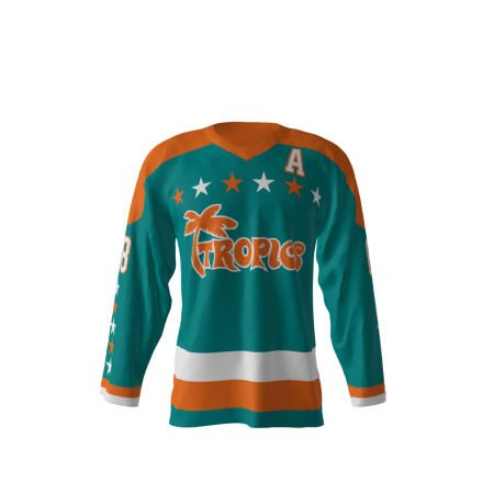 Front view of a custom dye sublimated Tropics hockey jersey