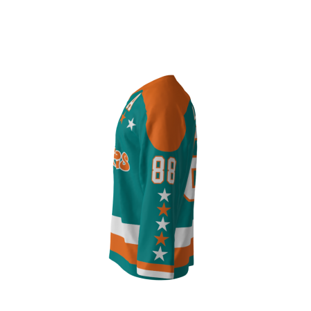 Left view of a custom dye sublimated Tropics hockey jersey
