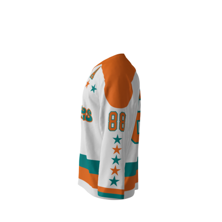 Left view of a custom dye sublimated Tropics hockey jersey