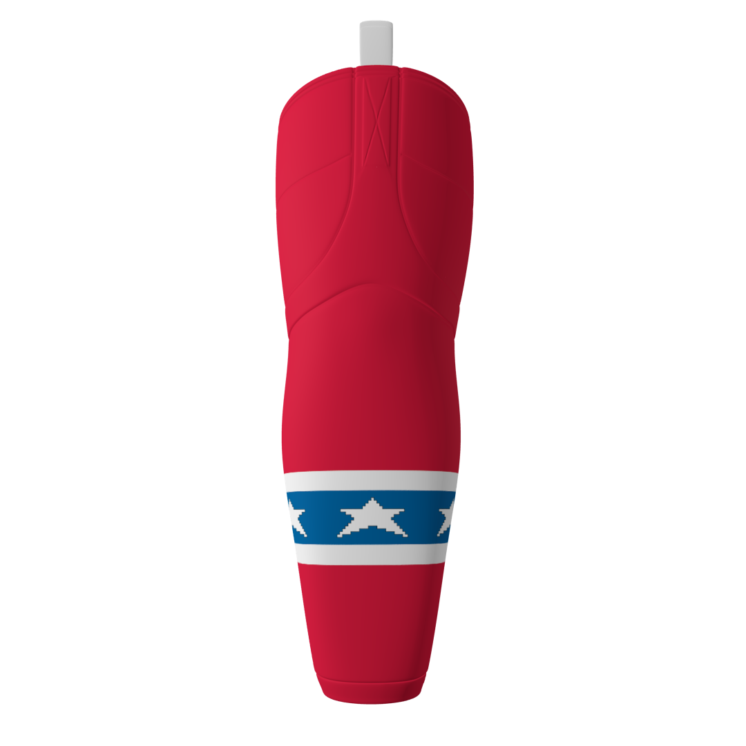 Front view of a custom dye sublimated 16-Bit Red Ice Hockey Sock