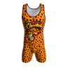 Front view of a custom dye sublimated Flaming Hot Cheetah wrestling singlet