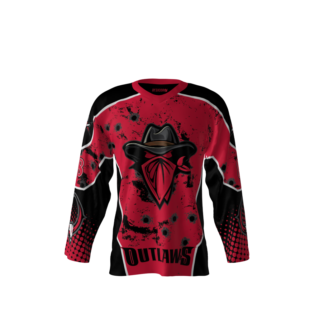Front view of Red Outlaws Dye Sublimated Hockey Jersey