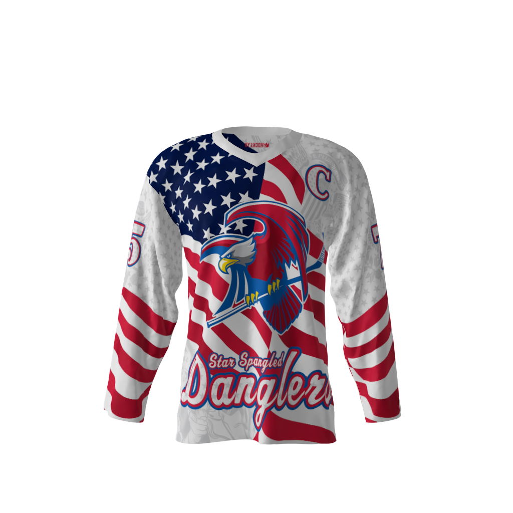Front view of a custom dye sublimated Star Spangled Danglers hockey jersey