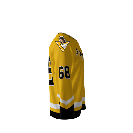 Right view of a custom dye sublimated Jagr Bombs hockey jersey