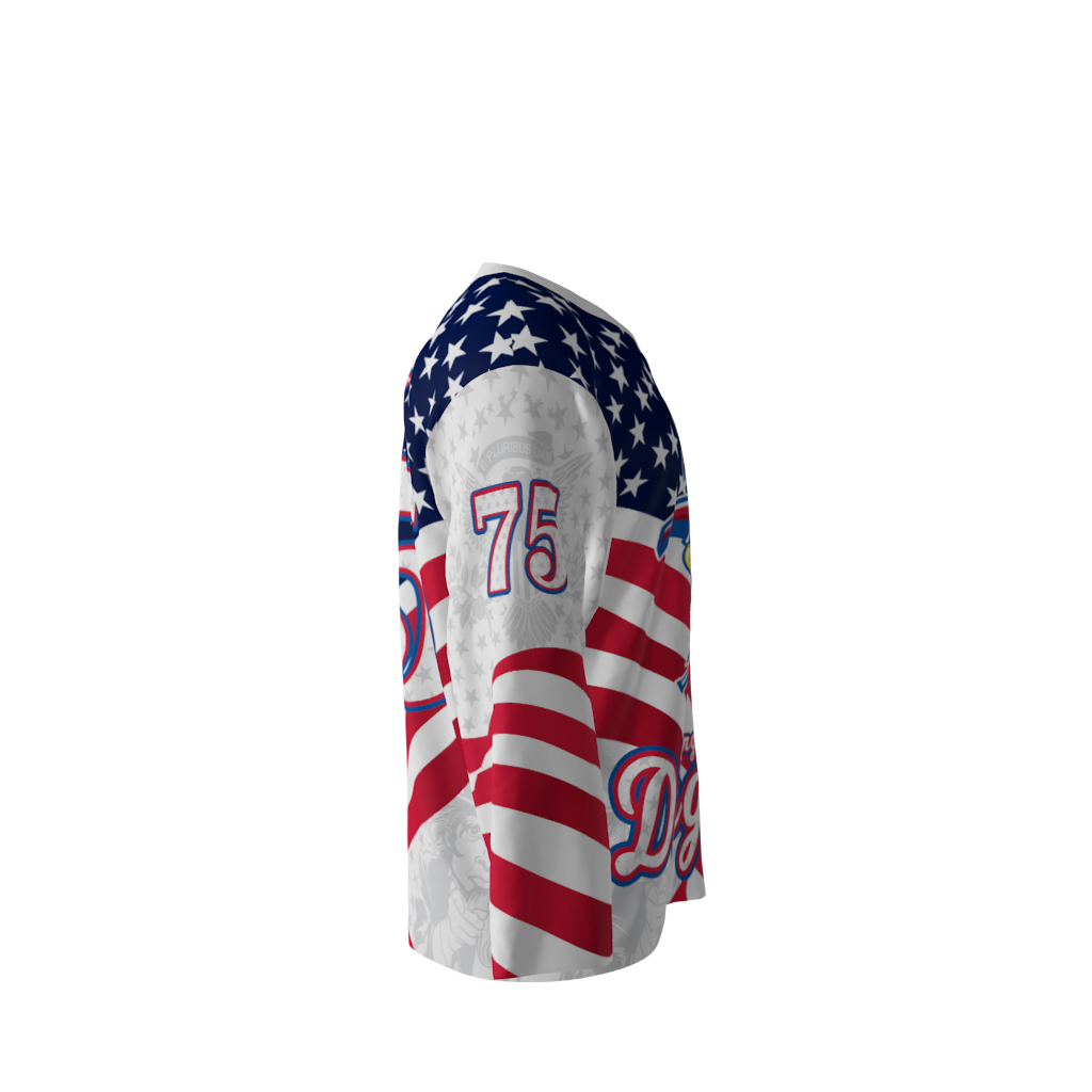 Right view of a custom dye sublimated Star Spangled Danglers hockey jersey
