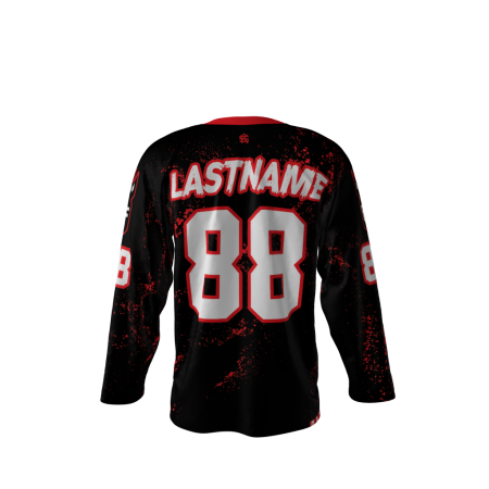 Back view of a custom dye sublimated Cellar Dwellers hockey jersey