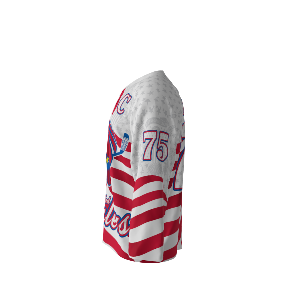 Left view of a custom dye sublimated Star Spangled Danglers hockey jersey