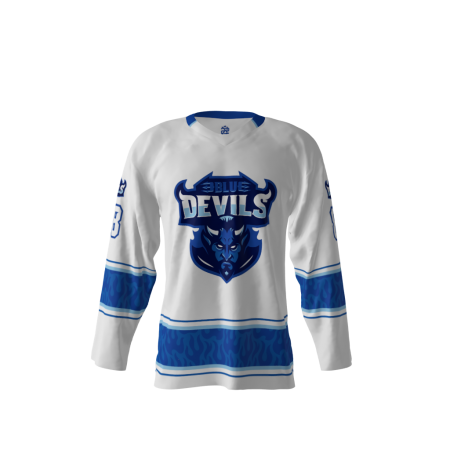 Front view of a custom dye sublimated Blue Devils hockey jersey