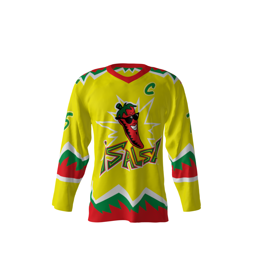 Front view of a custom dye sublimated Salsa hockey jersey