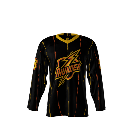 Front view of a custom dye sublimated Thunder hockey jersey