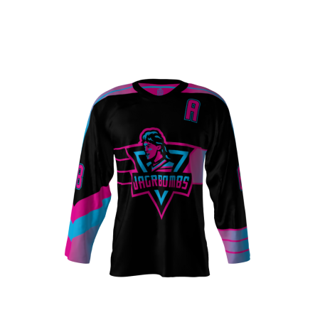 Front view of a custom dye sublimated Jagr Bombs hockey jersey