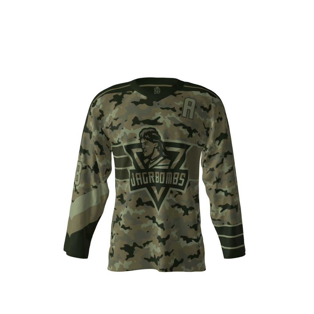 Front view of a custom dye sublimated Jagr Bombs hockey jersey
