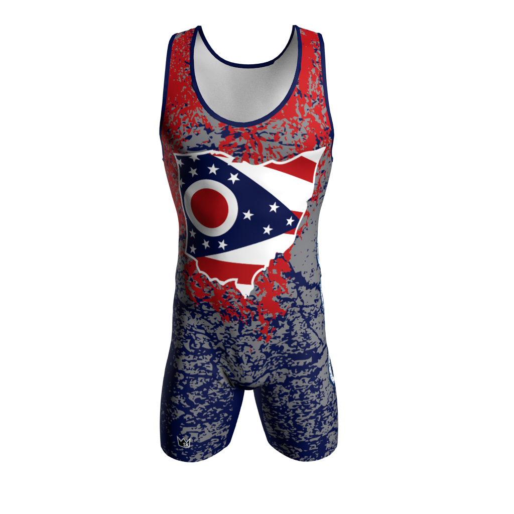 Front view of a custom dye sublimated wrestling singlet