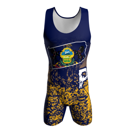 Front view of a custom dye sublimated wrestling singlet