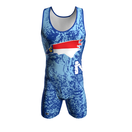 Front view of a custom dye sublimated wrestling singlet