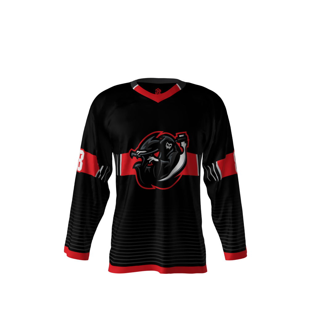 Front view of a custom dye sublimated Reapers hockey jersey