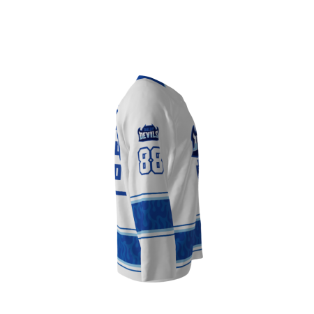 Right view of a custom dye sublimated Blue Devils hockey jersey