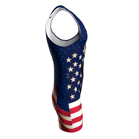 Right view of a custom dye sublimated wrestling singlet