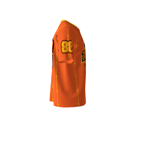 Right view of a custom dye sublimated Thunder Orange softball jersey