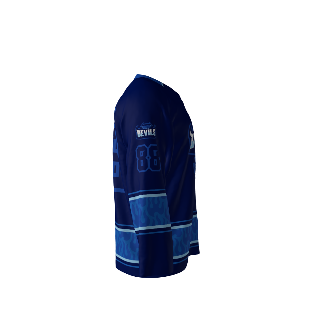 Right view of a custom dye sublimated Blue Devils hockey jersey
