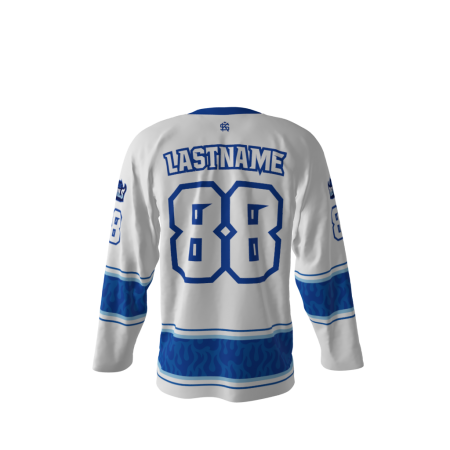 Back view of a custom dye sublimated Blue Devils hockey jersey