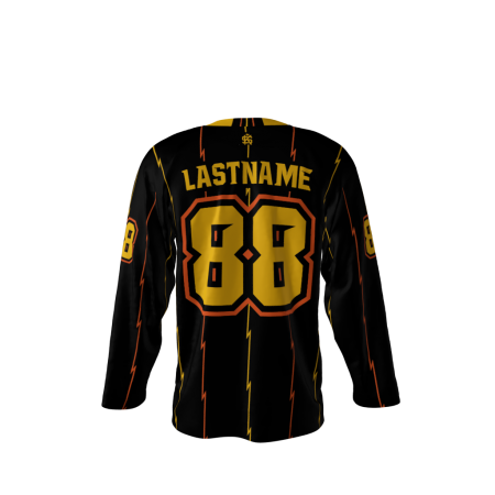 Back view of a custom dye sublimated Thunder hockey jersey
