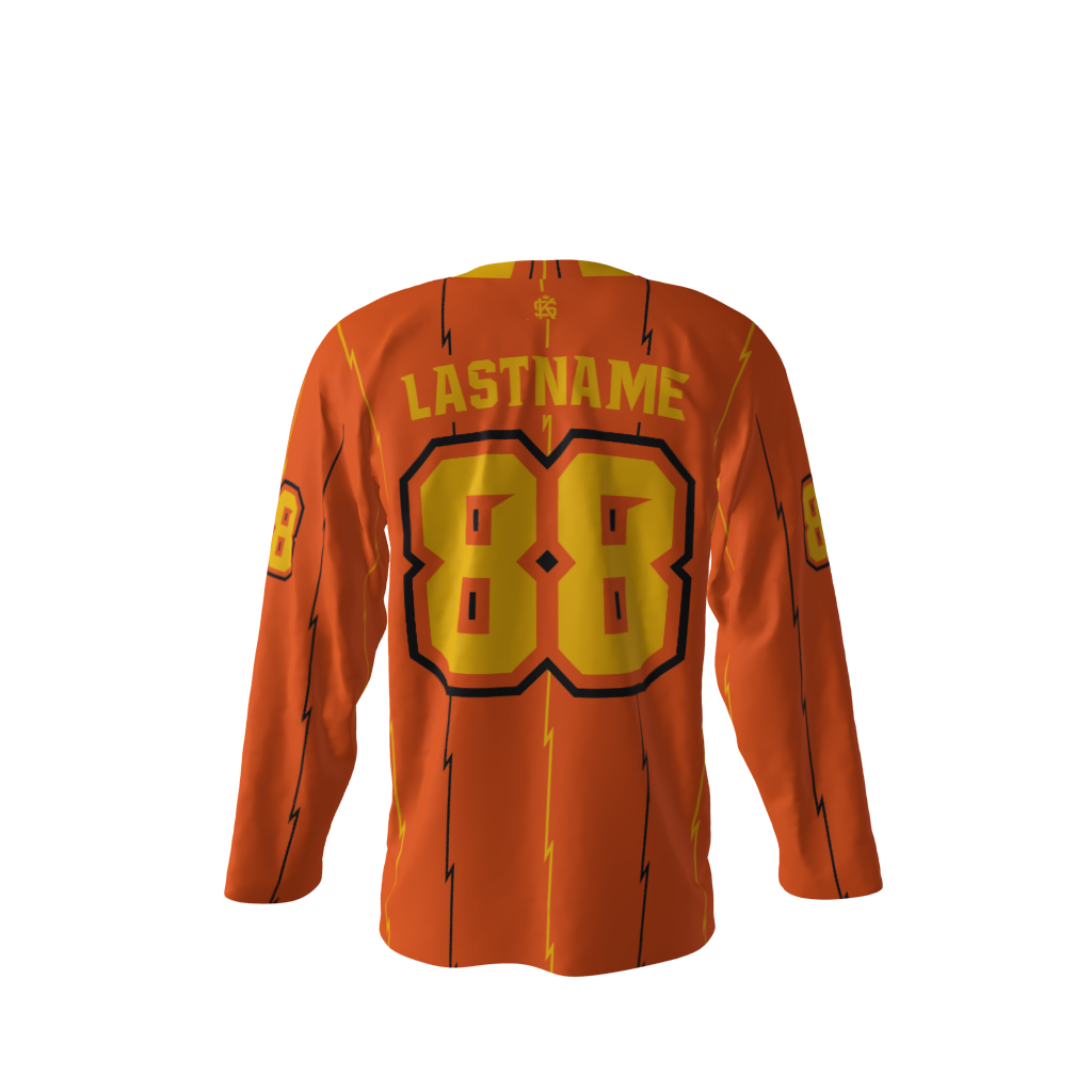 Back view of a custom dye sublimated Thunder hockey jersey