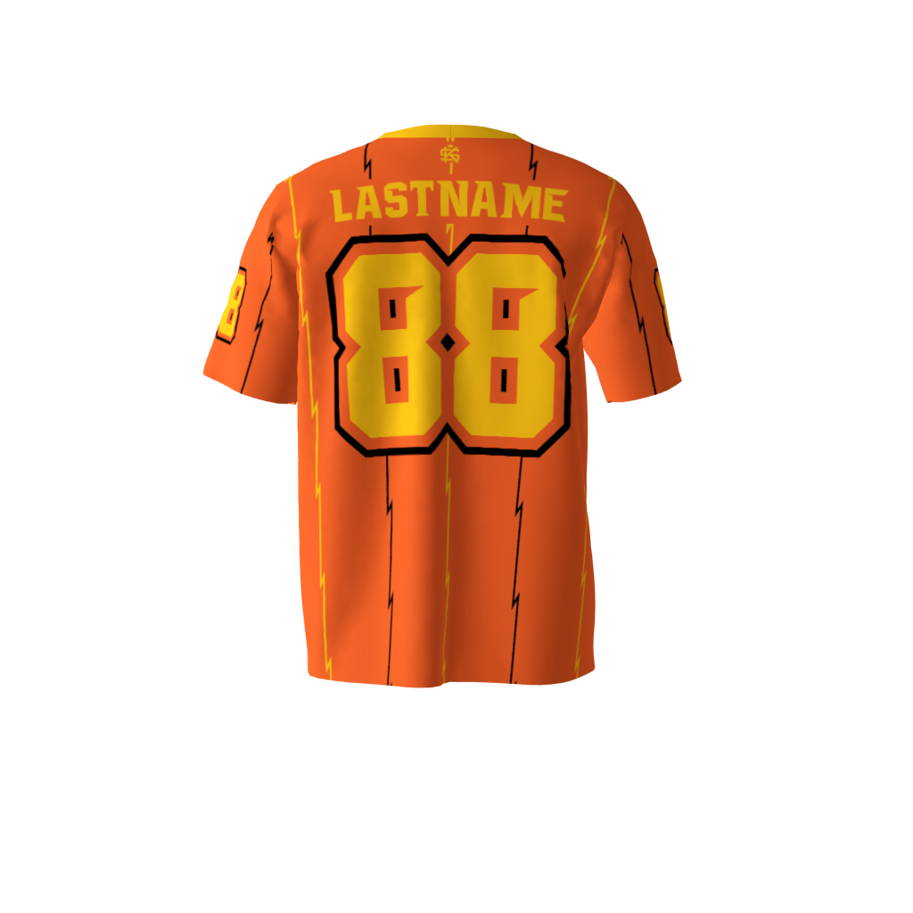 Back view of a custom dye sublimated Thunder Orange softball jersey