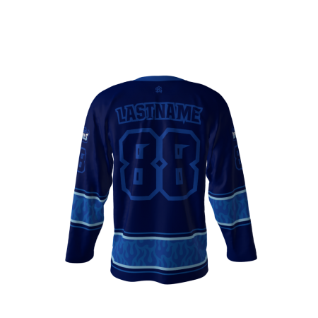 Back view of a custom dye sublimated Blue Devils hockey jersey