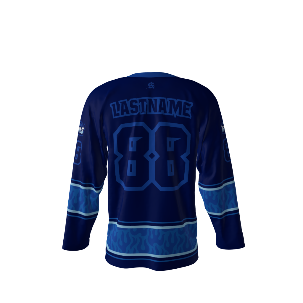 Back view of a custom dye sublimated Blue Devils hockey jersey