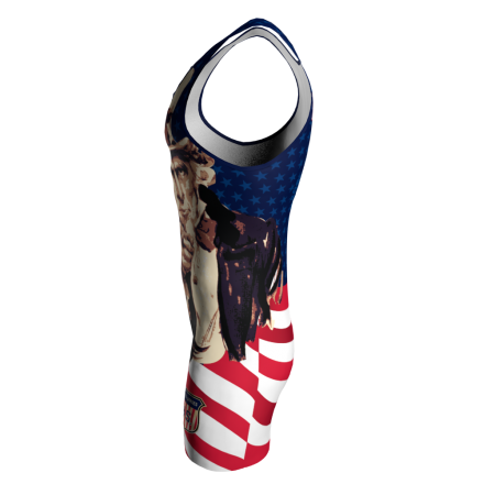 Left view of a custom dye sublimated wrestling singlet