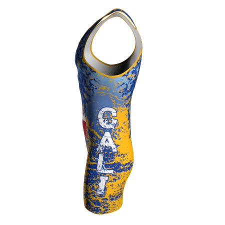 Left view of a custom dye sublimated wrestling singlet
