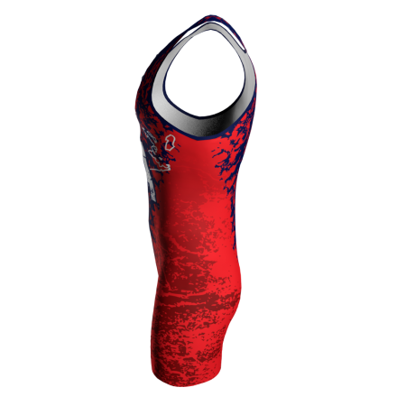 Left view of a custom dye sublimated wrestling singlet