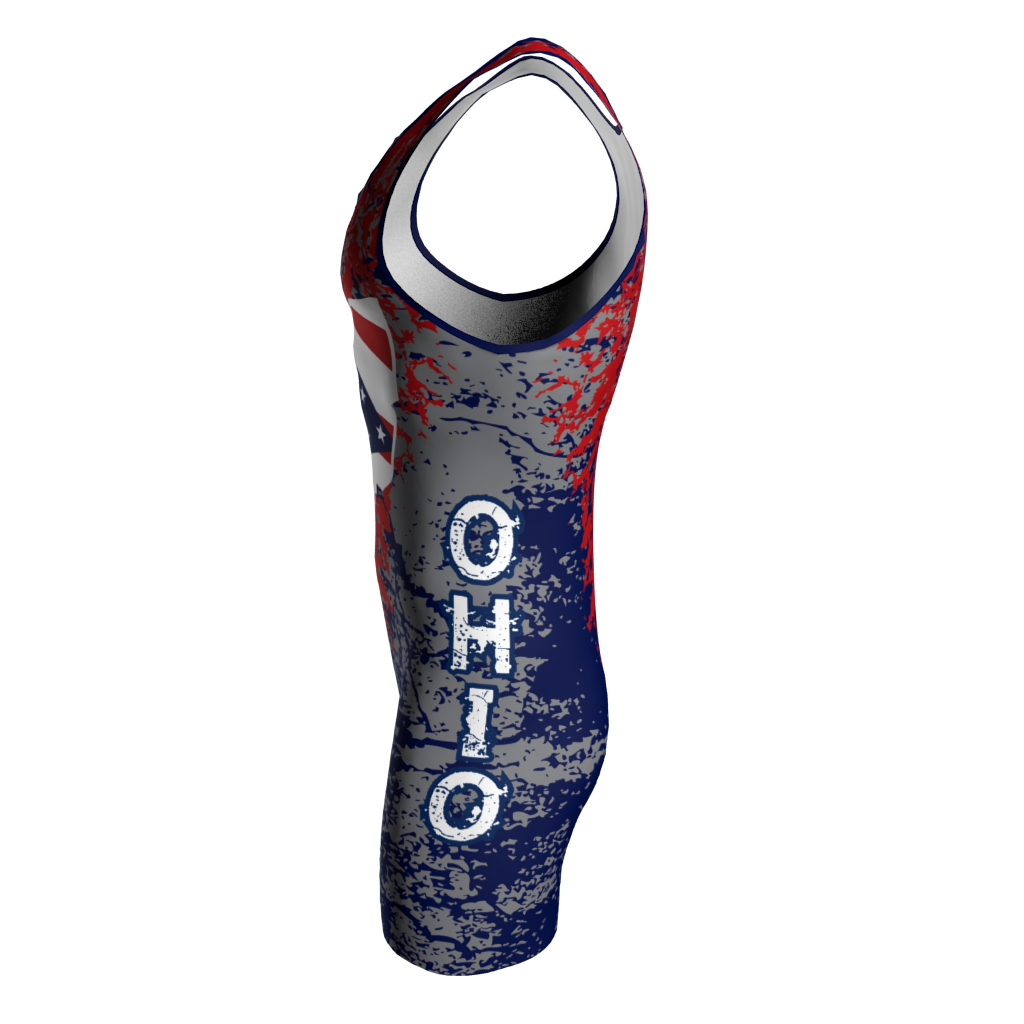 Left view of a custom dye sublimated wrestling singlet