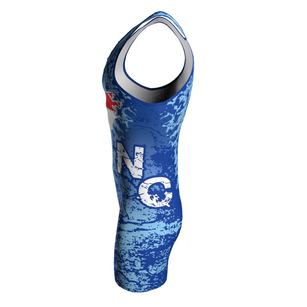 Left view of a custom dye sublimated wrestling singlet