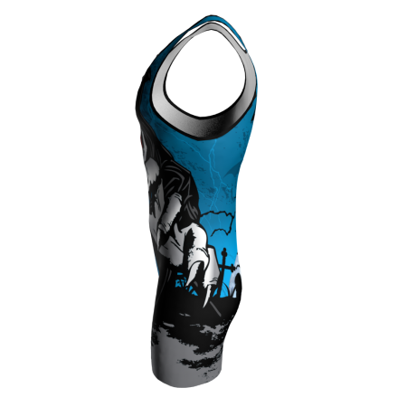 Left view of a custom dye sublimated wrestling singlet