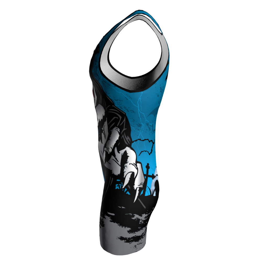 Left view of a custom dye sublimated wrestling singlet