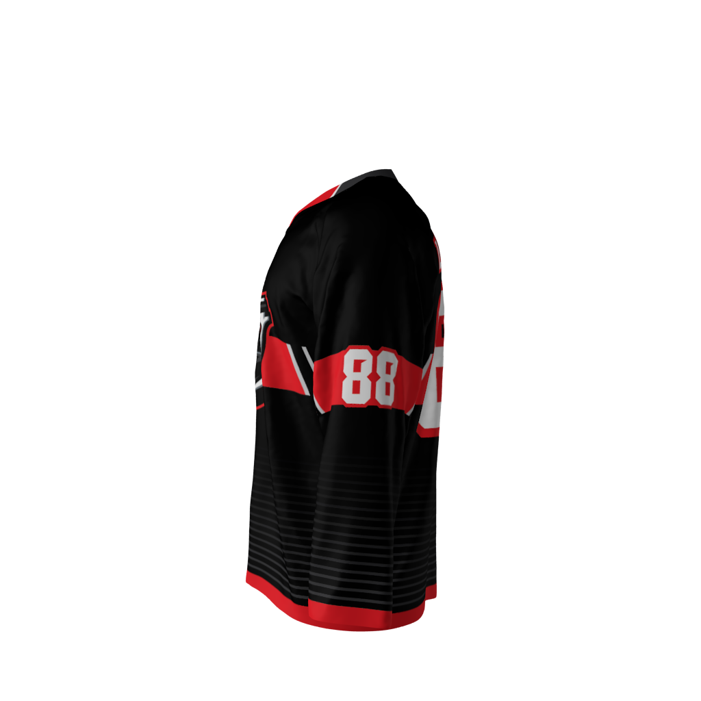 Left view of a custom dye sublimated Reapers hockey jersey