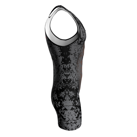 Right view of a custom dye sublimated Spartans wrestling singlet