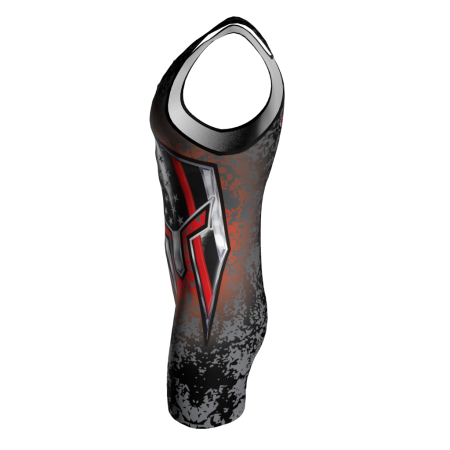 Left view of a custom dye sublimated Spartans wrestling singlet