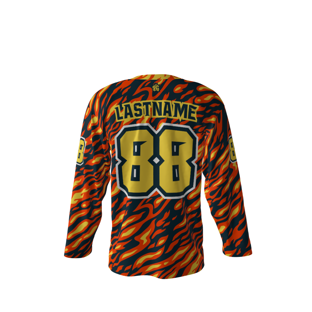 Back view of a custom dye sublimated Raging Roosters hockey jersey