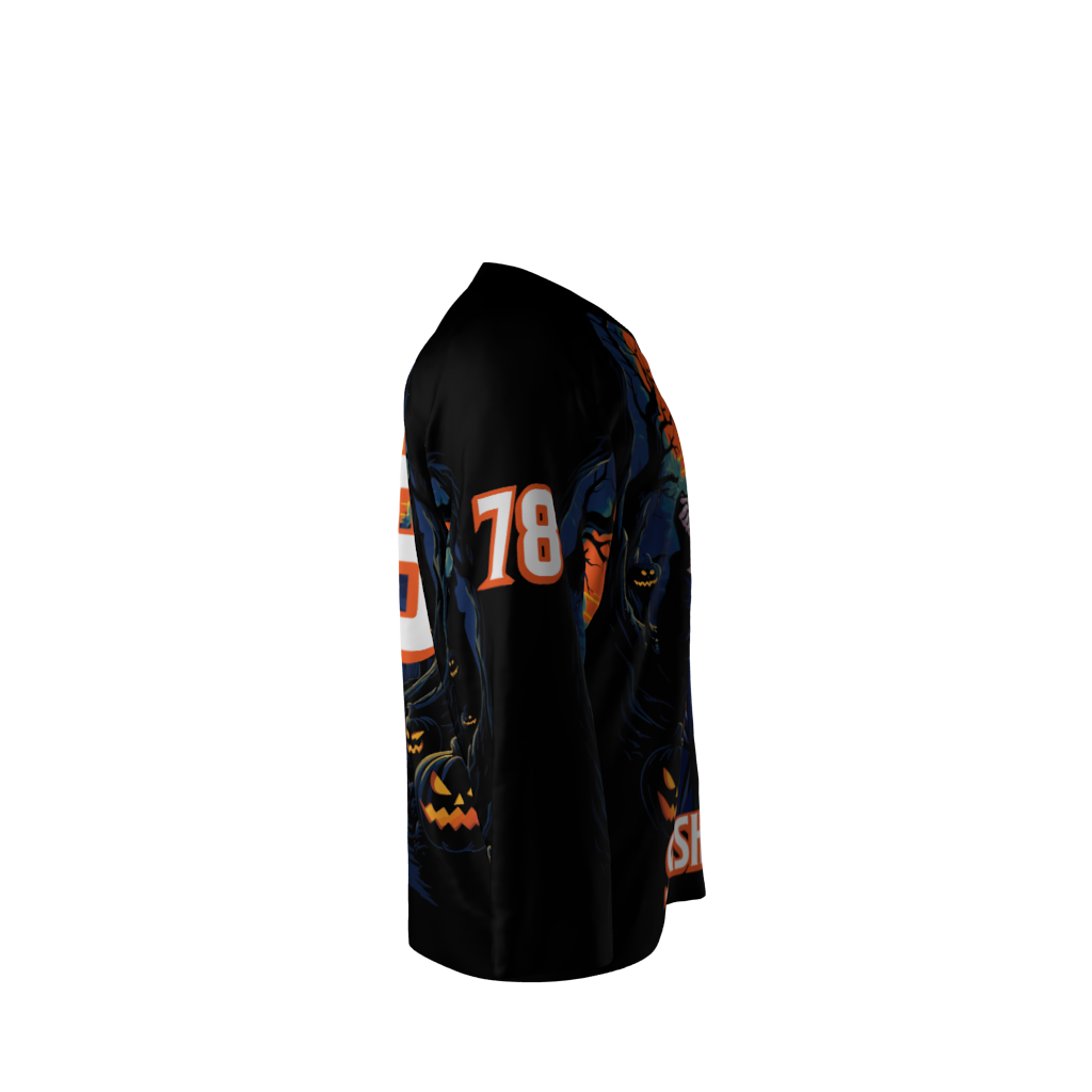 Right view of a custom dye sublimated Slashers hockey jersey