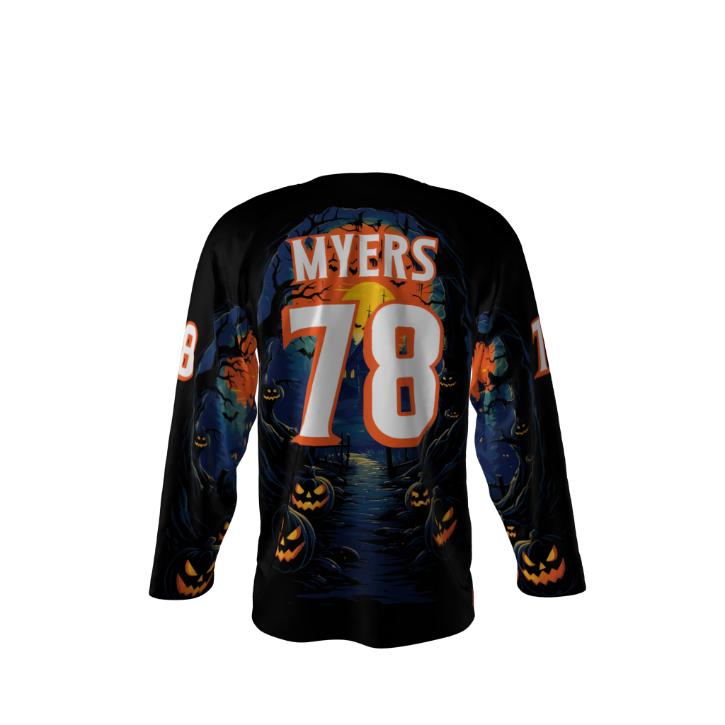 Back view of a custom dye sublimated Slashers hockey jersey