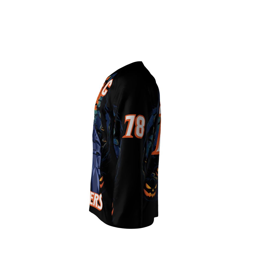 Left view of a custom dye sublimated Slashers hockey jersey