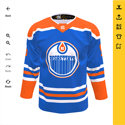 Hockey jersey rotating through various design selections made in the 3D custom hockey jersey builder