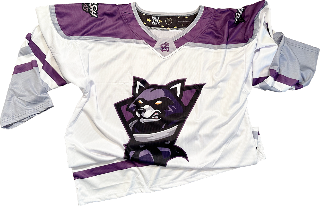 Front view of a white 'Trash Pandas' dye sublimated pro-style custom hockey jersey