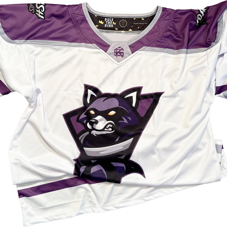 Front view of a white 'Trash Pandas' dye sublimated pro-style custom hockey jersey