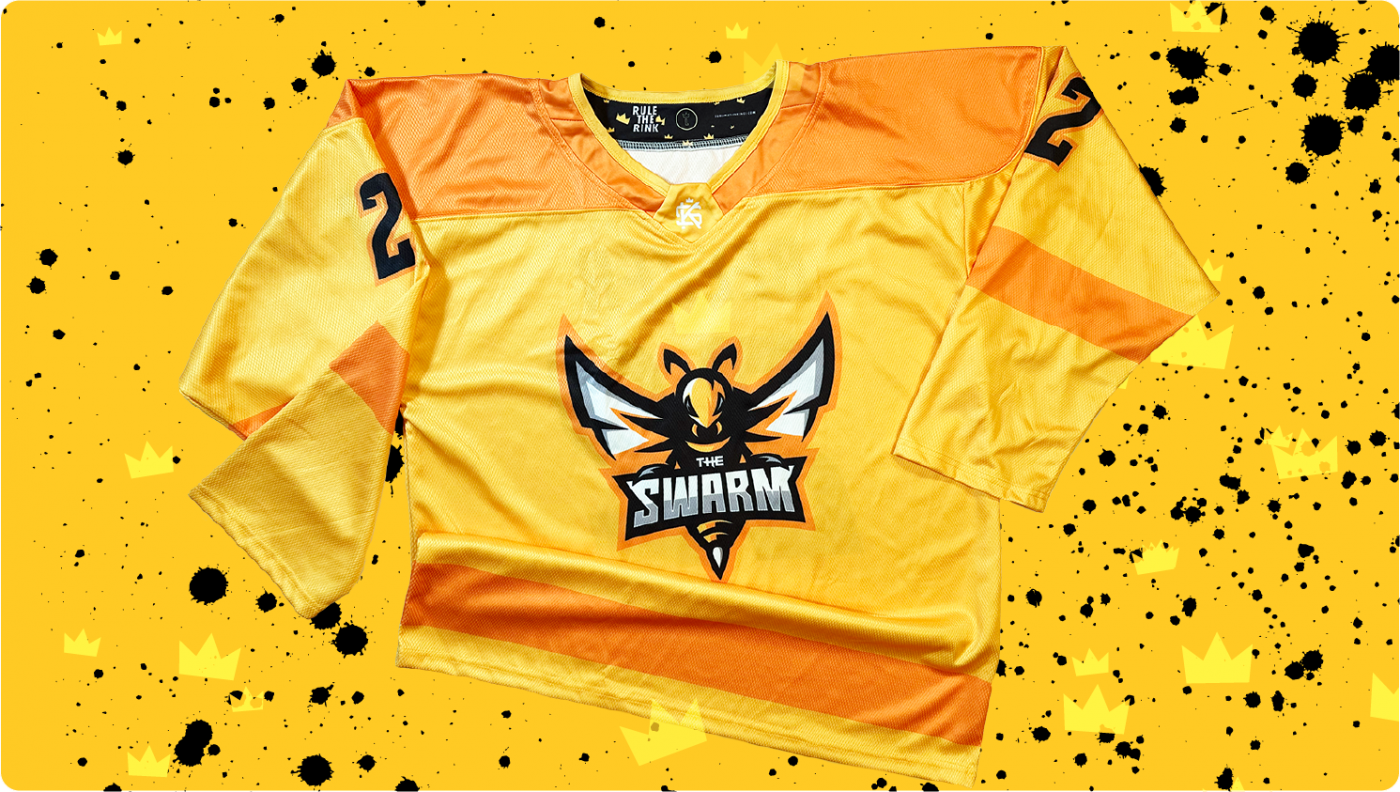 Announcing Our New 3D Pro-Style Custom Hockey Jersey Builder 1 Front view of a yellow 'The Swarm' dye sublimated pro-style custom hockey jersey